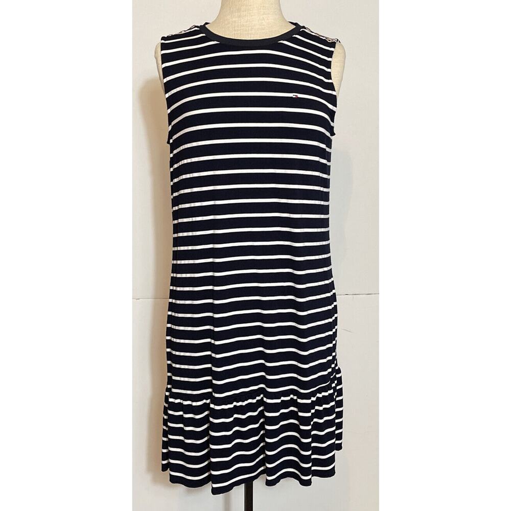 TOMMY HILFIGER Misses M Viscose Polyester Elastane Striped Dress Ruffled Bottom0